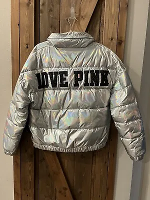Victoria's Secret PINK Metallic Holographic Puffer Jacket LARGE • $145