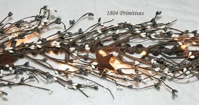 End To End LIGHTED 40  Pip Berry Garland W/ 2  Rusty Stars  GRAY IVORY/CREAM • $19.98