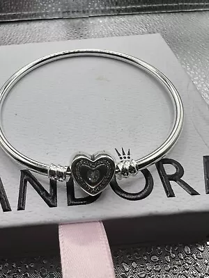 Genuine Pandora Moments Bangle Charm Bracelet Heart Clasp 19cm Silver ALE 925 • £9.95