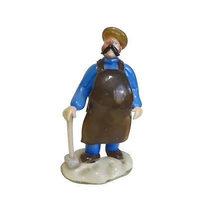 Bohemia Czech Art Glass Figurine Man With Sledge Hammer Apron Mustache Hat Blue • $47.99