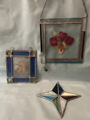 Vintage Stained Glass With Dried Flowers Window Hanger (Lot Of 3) • $20