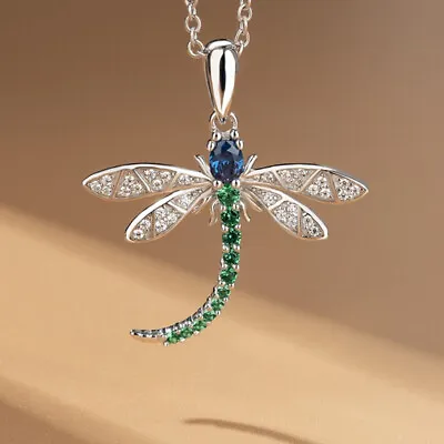 Cute Silver Plated Dragonfly Necklaces Pendant Women Cubic Zirconia Jewelry Gift • $2.71