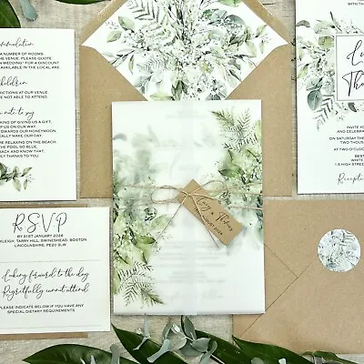 Rustic Sage Greenery Wedding Invitation With Vellum Wrap & Wax Seal - Sample • £2.50