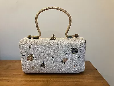 Midas Of Miami Vintage Beaded Purse With Embroided Flowers. White Straw • $6