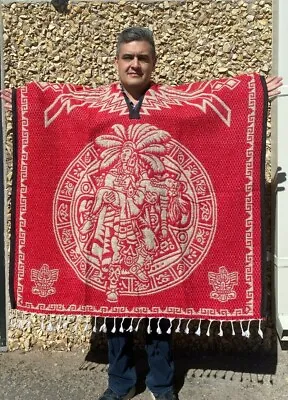 Mexican Poncho calendario Azteca  Sarape  Reversible  Gaban  Red & Tan • $38