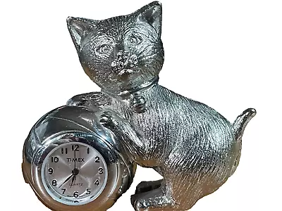 Vintage Timex Collectible Pewter Cat Desk Clock Paperweight Silver Color • $34.18