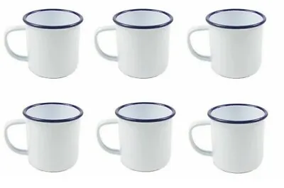 6x Falcon Enamel White Blue Rim Mugs Coffee Tea Soup Camping Outdoor Mugs 9CM • £28.60