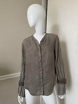 XCVI NEW! Taupe 100% Linen Mandarin Collar Crochet Lace Sleeve Blouse Sz S NWOT! • $27.99