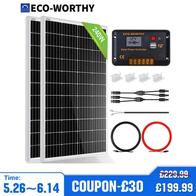 £199.99 • Buy 200W Solar Panel Kit 12V/24V 30A PWM Controller Battery Charger Caravan,RV,Shed