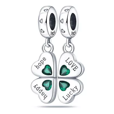 Happy Hope Love Luck Four Clover Leaf Charm Split Charm Sterling Silver 925 Bead • £15.97