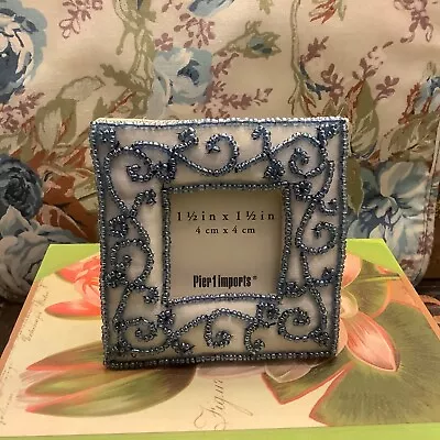 Pier 1 Imports~Miniature Fabric & Beaded Frame~Sm Blue Beads/White Background~ • $16.99