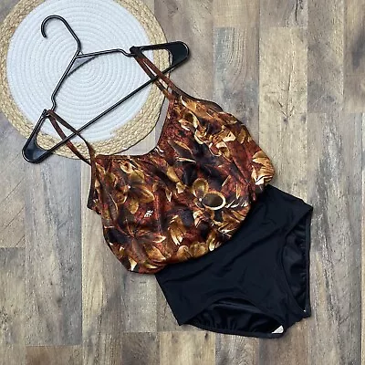 Sirena Vintage Floral Blouson One Piece Swimsuit Womens Size 10 Black Brown • $13.79