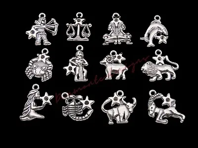 12 Pcs Set Tibetan Silver Zodiac Charms Horoscope Star Sign Jewellery Craft I60 • £2.95