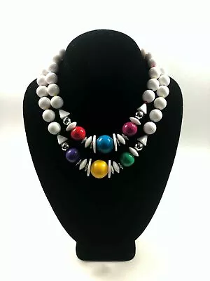 Double Strand Killer 80s Retro Bead Necklace White And Multi Color • $12.14