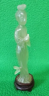 Vintage Chinese Jade Hardstone Carving Of Guanyin Figure On Wooden Stand • £34.99