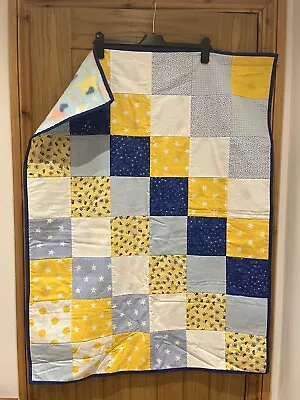 Patchwork Baby Quilt Playmat Handmade Blue Yellow Fleece Backed 40” X 30” • £15