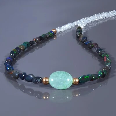 $32 • Buy Natural Black Opal & Herkimer Diamond Uncut Beads 925 Silver 18  Chain Necklace
