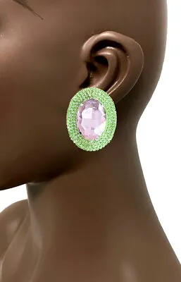2  Long Oval Cabochon Clip On Evening Earrings Rose Pink & Green Crystals • $17.10
