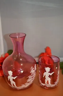 Vintage Mary Gregory Cranberry Glass Tumble Up Set Boy W/Bird • $148