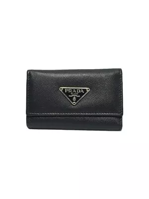 PRADA Vintage Saffiano Leather Coin Purse Case Black Triangle Logo Used • $130