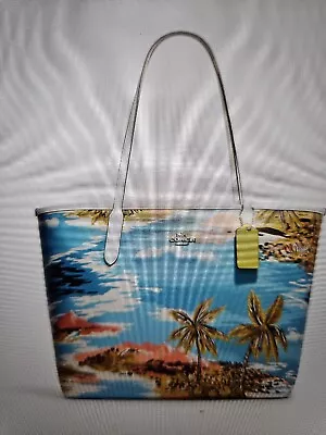 Coach CJ599 City Tote Hawaiian Print Canvas& Leather Blue Multi NWT$398 SOLDOUT! • $195.99