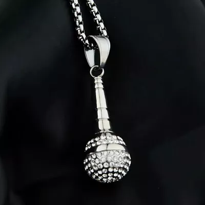 Mens Womens CZ Silver Microphone Pendant Necklace Music Lover Jewelry Chain 24  • $11.99