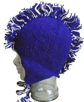 Blues Beanie Mohawk Hat Blue White Hand Knit 100% Wool Polyfleece Lined Nepal • $7.96