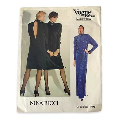 VTG 80s Nina Ricci Vogue 1493 Misses Dress Keyhole Back Sewing Pattern Sz 12 • $5.89