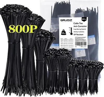 800 Pack Cable Ties Assorted Sizes 3.6mm X 100/150/200/250/300mm Black Cable Tie • £13.78