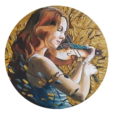 Acrylic Painting On Round Panel Original Art With Redhead Girl With Violin • $115