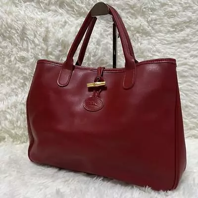 Auth Longchamp Roseau Hand Bag Tote Red Leather W12.9H9.5D4.1 In. Fast Free Ship • $55.80