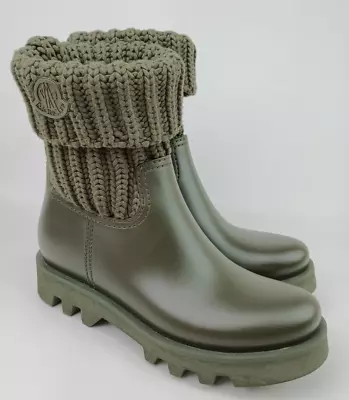 Moncler Women's Olive Green Short Ginette Knit Waterproof Rain Boots Size 38 • $250