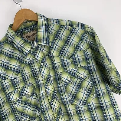 Vtg Wrangler Western Shirt Mens XL Green Check Short Sleeve Pearl Snap Country • £16