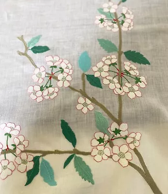 Vintage Italian Hand Embroidered Linen Tablecloth With Dogwood Blossoms  XX154 • $110