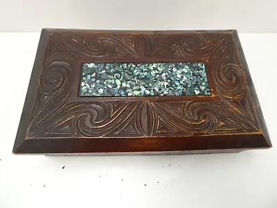 Vintage Wooden Tiki Carved Box New Zealand Maori Paua Shell Decorated  Rotorua • $61.98