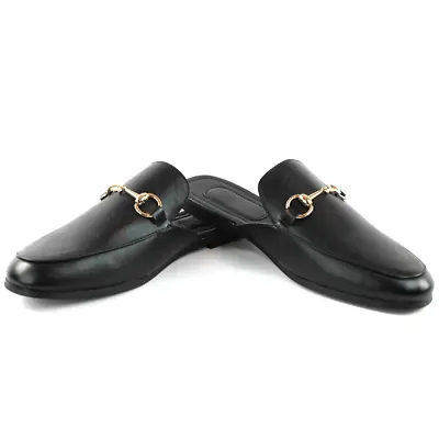 Mens Black Leather Backless Slip On Mule Gold Buckle Loafers Shoes AZARMAN • $49