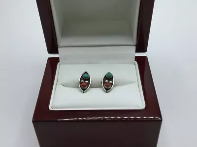 Vintage Sterling Silver Turquoise & Coral Stud Earrings (eb1017452) • $12.74