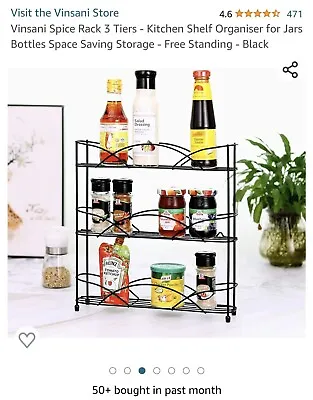 Vinsani Spice Rack 3 Tiers Shelf Organiser Space Saving Storage Freestanding • £9.99