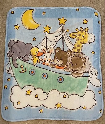 Vintage Baby Mink Plush Blanket Blue Animals Sailboat Moon Stars • $49.99