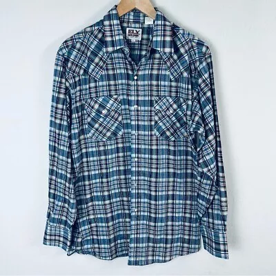 ELY Cattleman Plaid Metallic Stripe Pearl Snap Western Long Sleeve Button Down L • $24.99