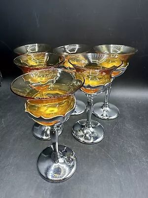 VINTAGE Set Of 6 FARBER & BROS. Amber Glass & Chrome Cordial Wine Glasses • $49.95