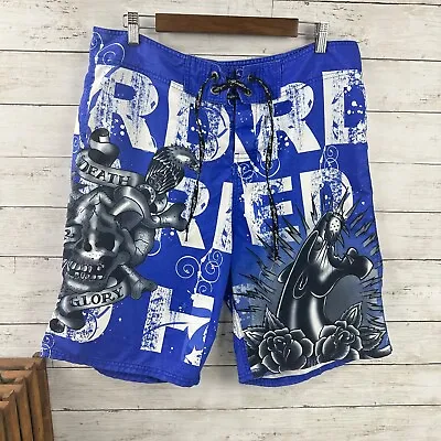 ED HARDY Christian Audigier Board SHORTS Trunks 36 RARE Blue Pray For Surf Dog • $33.51