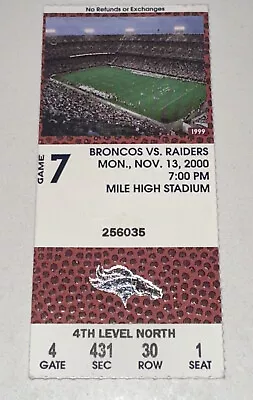 11/13/00 Denver Broncos Oakland Raiders MILE HIGH Stadium Game Used Ticket Stub • $17.49