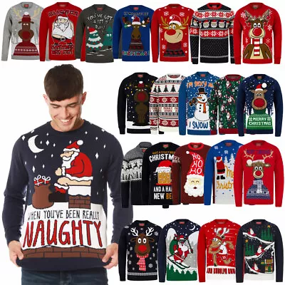 Mens Christmas Jumper Funny Novelty Xmas Pullover Sweater Knitted Santa Reindeer • £18.99