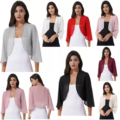 Women's Chiffon Open Front 3/4 Sleeve Sheer Shrug Cropped Bolero Cardigan Top • $9.99