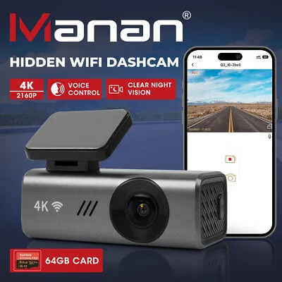 $102.99 • Buy Manan Dash Camera 4K Wifi UHD Front Car Recorder Voice Control Night Vision 64G