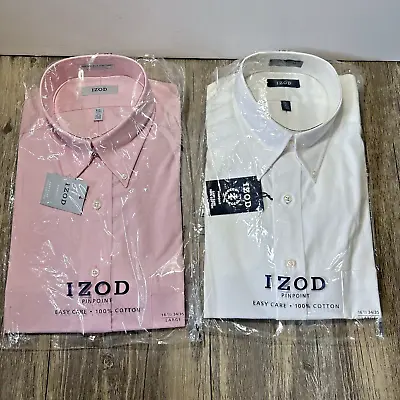 Lot Of 2 Izod Pinpoint Oxford Mens Size Large Long Sleeve Button Up Dress Shirts • $44.95