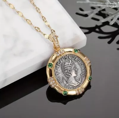 Anthropologie Greek Roman Coin Necklace Queen Reversible Emerald Gold Medallion • $36.87