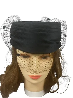 Betmar New York Black Pillbox Wool Felt Hat Netting & Pom Poms Vintage Read 4 Sz • $31.99