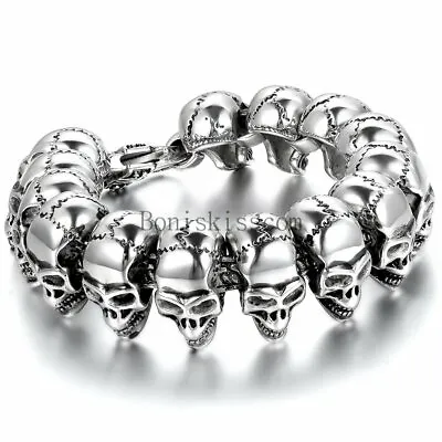 Fashion Gothic Skull Head Beads Link Biker Mens Stainless Steel Bracelet Bangle • $22.99